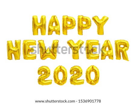 Word happy new year 2020 in english alphabet from yellow (Golden) balloons on a white background. holidays and education.
