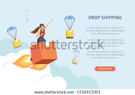 Vector illustration flat design style. Woman on the fast rocket parcel in the sky among dropshiping box. Fast shipping, Better ,Best ,Winner, Success, Innovation dropship concept. Royalty-Free Stock Photo #1536913301