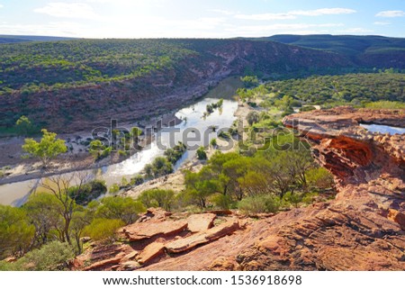 View of the Murchison River gorge in Kalbarri National Park in the Mid West region of Western Australia. Royalty-Free Stock Photo #1536918698