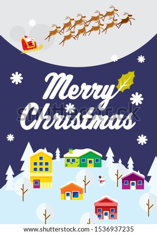 santa claus sleigh flying on a small town greeting card vector design