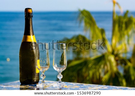 Romantic event, bottle with cold sparkling wine, cava or champagne served with two glasses on table with sea view and tropical palm tree