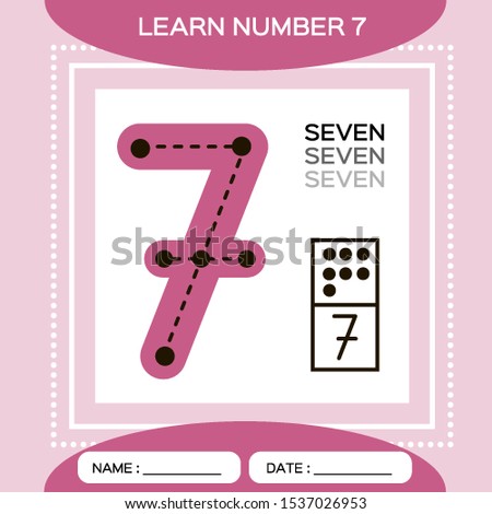 Learn numbers 7. Seven . Children educational game. Kids learning material. Trace and write. Counting game. Pink background. Vector