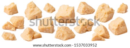 Parmesan cheese pieces set isolated on white background. Parmigiano reggiano or grana padano shards. Package design element with clipping path Royalty-Free Stock Photo #1537033952