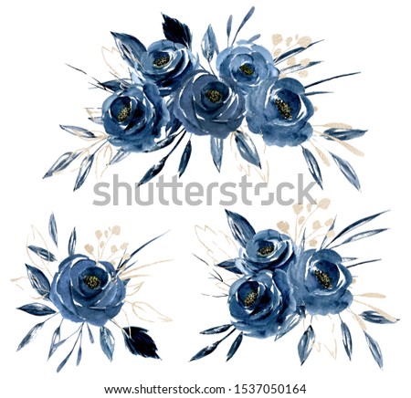 Set with blue flowers watercolor and gold leaf, floral bouquets. Clip art roses perfectly for printing design on invitations, cards, wall art and other. Isolated on white background. Hand painting. 