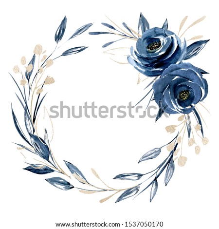 Wreath with watercolor blue flowers and gold leaf, floral frame. Clip art roses perfectly for printing design on invitations, cards, wall art and other. Isolated on white background. Hand painting. 
