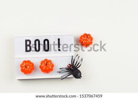 Lightbox with the text BOO. Flat lay of accessory decoration Halloween festival background concept. Top view close up copy past