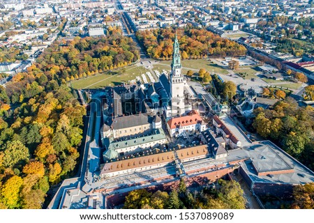Poland, Czestochowa. Jasna Gora fortified monastery and church on the hill. Famous historic place and Polish Catholic pilgrimage site with Black Madonna miraculous icon. Aerial view in fall