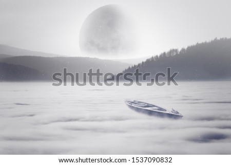 The boat sails on a sea of clouds in the direction of the moon and the mountains. Fantasy landscape in a dream