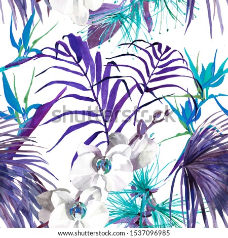 White orchids. turquoise exotic flowers and violet palm on white background seamless pattern for all prints on hand painting style.