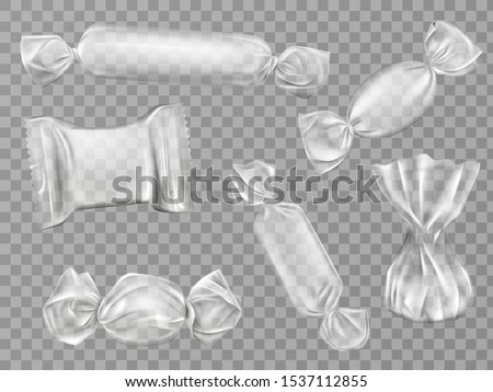 Transparent candy wrappers set isolated on limpid background. Blank package for lollipops, chocolate, truffle and pouch sweets production, design elements. Realistic 3d vector illustration, clip art Royalty-Free Stock Photo #1537112855