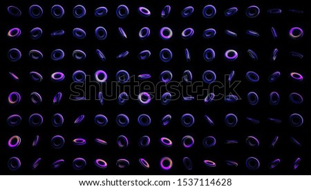 Abstract background of shimmering neon light rings on black background. Animation. Glowing and rotating set of neon rings on black background