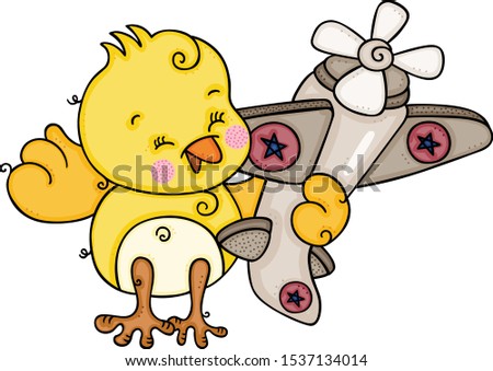 Cute yellow bird playing with little airplane
