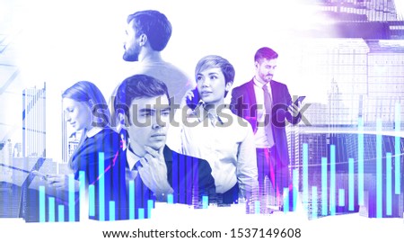 Team of thoughtful young business people with smartphones standing over abstract city background with double exposure of digital graphs. Concept of hi tech and trading. Toned image