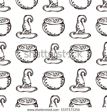 Halloween seamless pattern with hand drawn witch's hat and pot on white background. Suitable for packaging, wrappers, fabric design