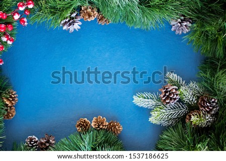 New Year's and Christmas. Postcard. Green pine branches with red berries, snow and cones on a blue background. Top view.