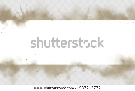 Smoke empty banner mock up, dirty smog horizontal border isolated on white background, brown heavy thick dust steam frame with motes and sand design element mockup. Realistic 3d vector illustration