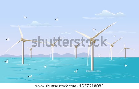 Group of  turbine generates electricity for the wind in the sea. with the sky in the background