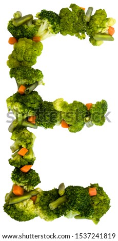 Letter E. Healthy lifestyle and nutrition. English alphabet. Text from the products. Broccoli, asparagus, carrots. Designer font. Vegetable Font.