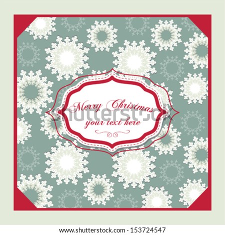 Christmas greeting card with paper snowflakes and vintage label