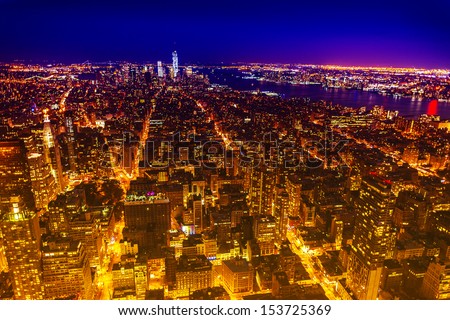 Aereal view of Manhattan by night.