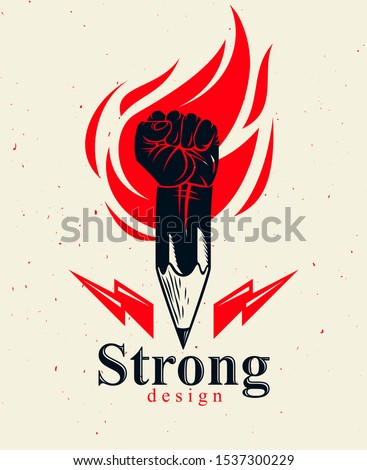 Strong design or art power concept shown as a pencil with clenched fist combined into symbol with fire flame, vector logo or creative conceptual icon for designer or studio, science research.