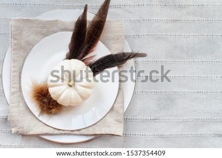 Thanksgiving Day place setting with white plates, mini white pumpkins, Pheasant feathers and napkin over grey table runner.