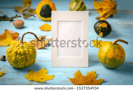 Autumn  composition background.  Pile of pumpkins and leaves on blue wooden background, with blank white photo frame  . Top view, copy space,  flat lay .