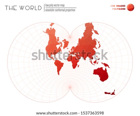 Polygonal map of the world. Eisenlohr conformal projection of the world. Red Shades colored polygons. Elegant vector illustration.