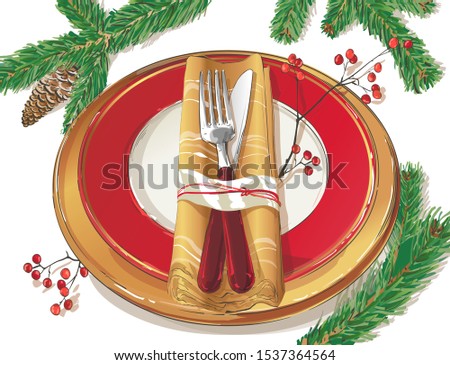 Christmas table decorating setting. Vector Festive cutlery set: fork, knife, empty plate on tablecloth with spruce branch. Menu. Top view. Color isolated illustration on red background.