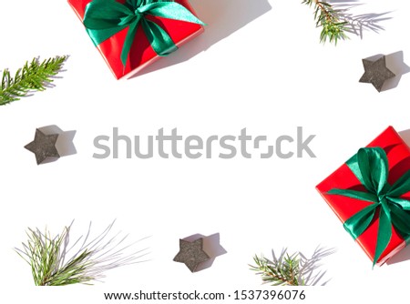 Christmas or New Year concept frame on the white background with gift boxes. Top view. Copy space