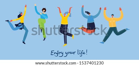 Concept of young people jumping on blue background. Stylish modern vector illustration card with happy female and male teenagers and hand drawing quote Enjoy your life