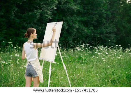 woman model beautiful easel with white canvas