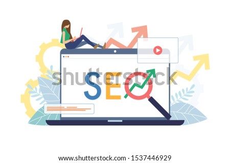 Young woman working on labtop on graph pointing up backround. SEO word screen with magnifier . Vector illustration flat design style. SEO, Search Engine Optimization, growth graph Concept. Royalty-Free Stock Photo #1537446929
