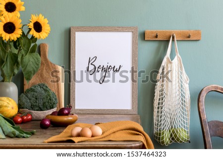 Vintage kitchen interior with wooden table, bag with apples, fruits, vegetables, sunflowers and kitchen accessories. Minimalistic concept of kitchen space.  Template. Mock up picture frame. Ready.