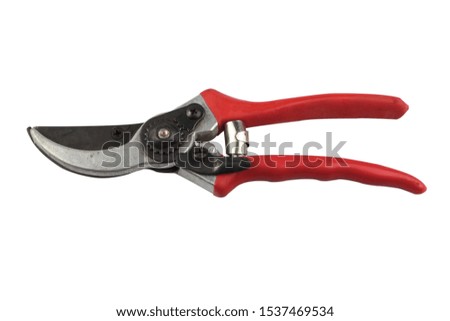 Red pruning shears for Gardening isolated on white background. Tool for Pruning and Cutting. Close up scissor.