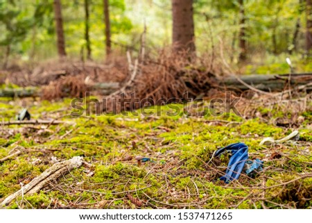 Plastic rubbish in natural woodland: Single use plastic decaying into the ground. Discarded waste left by hikers and dog walkers in UK national park.