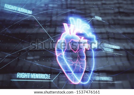 Heart hologram with abstract background. Multi exposure. Concept of medical education