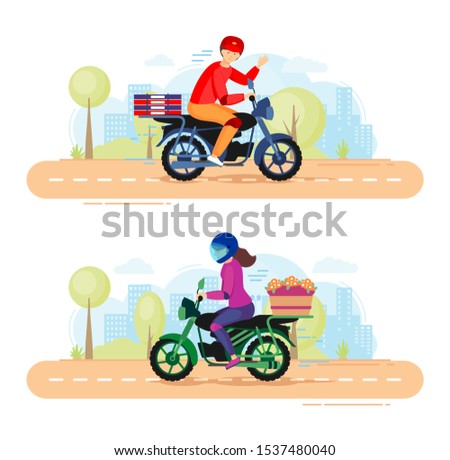 Fast delivery by motorbike. Pizza and flower delivery food on motorcycle, cartoon character man woman vector illustration