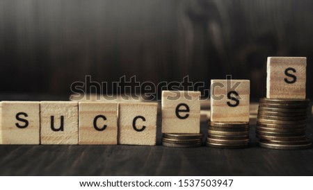 Wooden blocks with the word Success and coins on wooden background