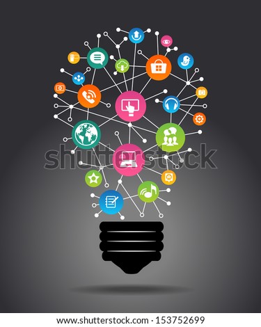 Modern infographic template. Creative light bulb with application icon. Business software and social media   concept. File is saved in AI10 EPS version. This illustration contains a transparency.  