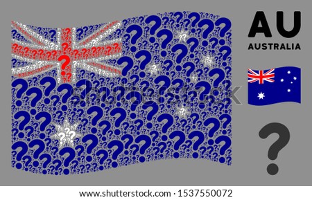 Waving Australia official flag. Vector question design elements are scattered into geometric Australia flag composition. Patriotic concept done of flat question design elements.