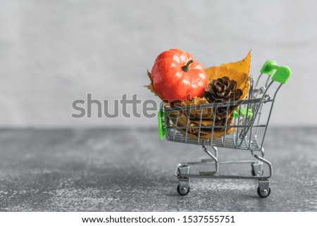 Green small toy shopping cart with leaves, cone and pumpkin on a concrete wall background. Autumn Concept.