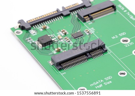 Close up Msata and M2 connector on msata, M2 to sata adapter for convert interface from msata, M2 to sata interface isolated on white background