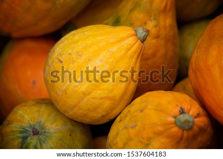 Pumpkins in a market stall. Texture photo of orange pumpkins sold in a grocery store