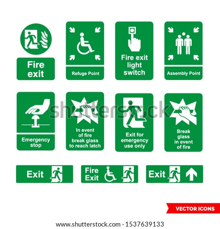 Emergency escape signs icon set of color types. Isolated vector sign symbols. Icon pack. Royalty-Free Stock Photo #1537639133