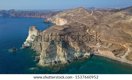 Aerial drone photo of secluded beach of Kambi near iconic red beach, Santorini island, Cyclades, Greece