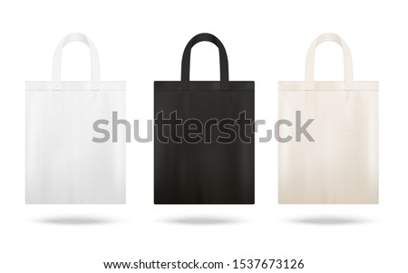 Reusable shopping tote bag mockup set with different fabric colors - white, black and beige bags with blank copy space isolated on white background - vector illustration. Royalty-Free Stock Photo #1537673126