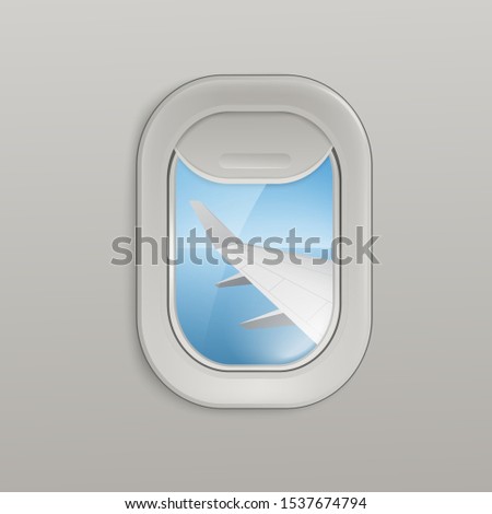 Airplane window or aircrafts porthole, illuminator with view on sea and plane wing 3d realistic vector illustration. Background for tourism and traveling topic.