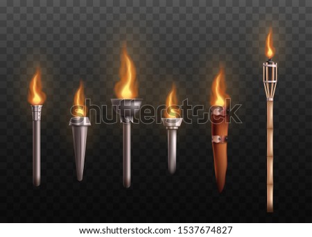 Realistic medieval torch set with burning fire - ancient metal torches with big flame, wooden decorative horn and tiki torch isolated on transparent background, vector illustration