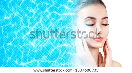 Double exposure of young woman face and blue water pool ripple.